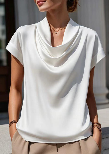 Loose White Cowl Neck Draping Blouses Short Sleeve