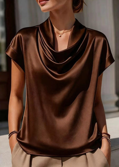 Loose White Cowl Neck Draping Blouses Short Sleeve
