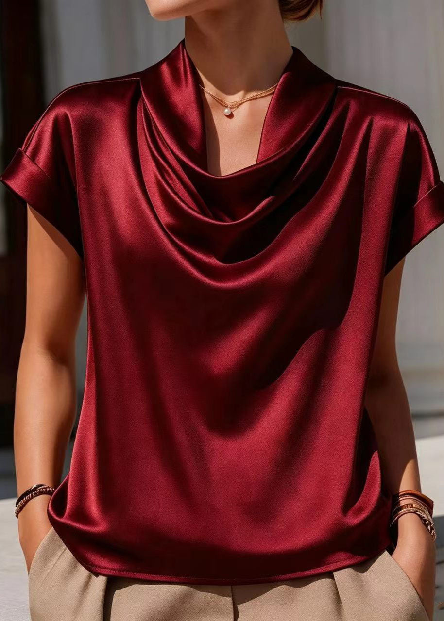 Loose White Cowl Neck Draping Blouses Short Sleeve