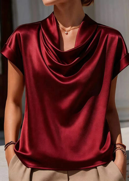 Loose White Cowl Neck Draping Blouses Short Sleeve