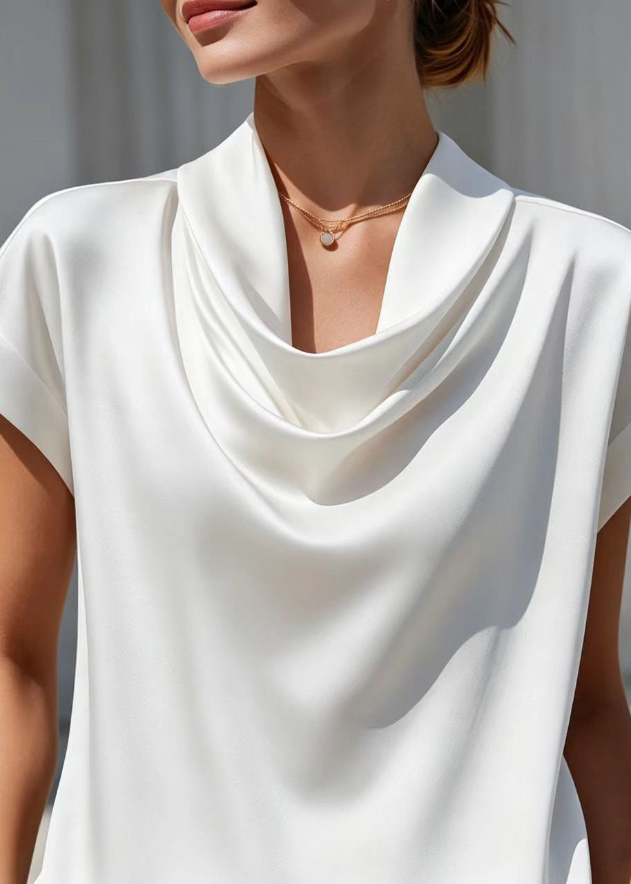 Loose White Cowl Neck Draping Blouses Short Sleeve