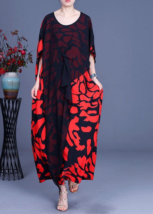 Loose White Elegant Print Patchwork Summer Silk Long Dresses - SooLinen