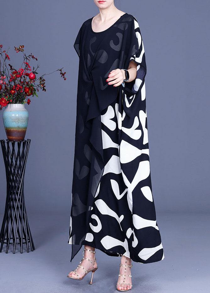 Loose White Elegant Print Patchwork Summer Silk Long Dresses - SooLinen