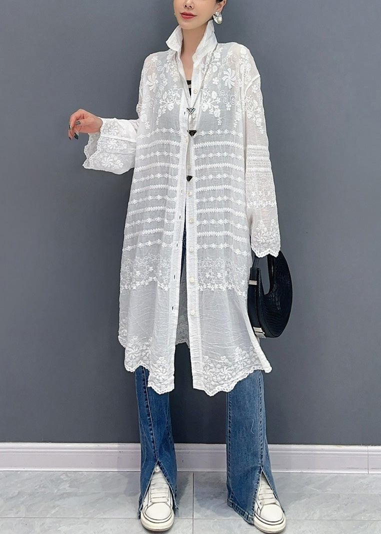 Loose White Embroidered Button Cotton Long Shirt Summer