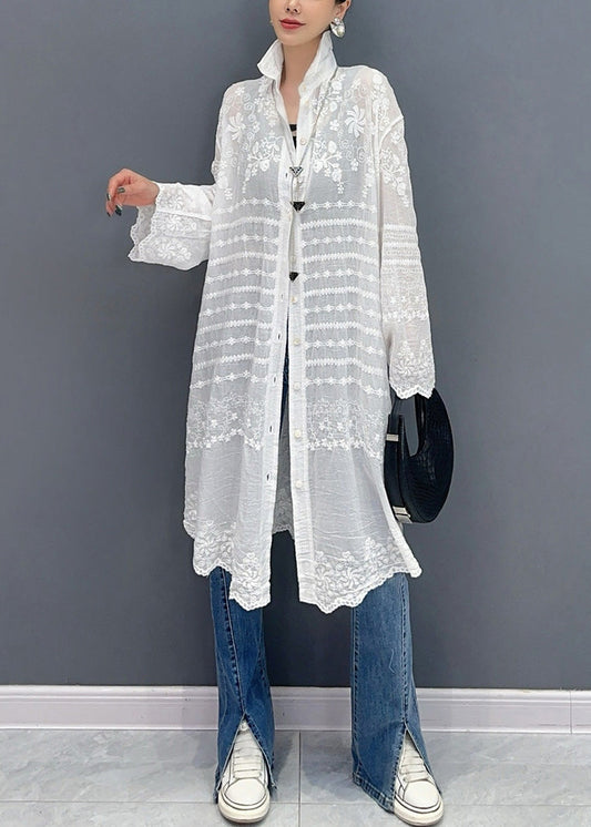Loose White Embroidered Button Cotton Long Shirt Summer