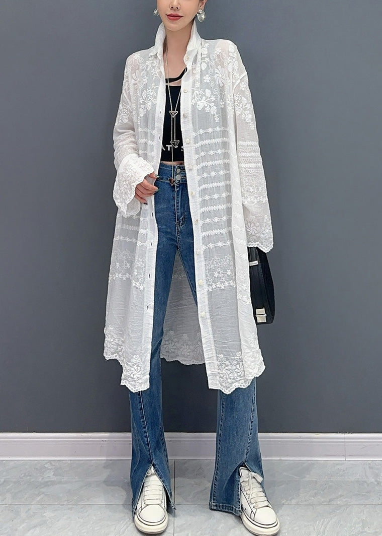 Loose White Embroidered Button Cotton Long Shirt Summer