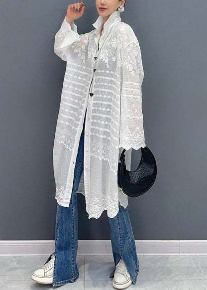 Loose White Embroidered Button Cotton Long Shirt Summer