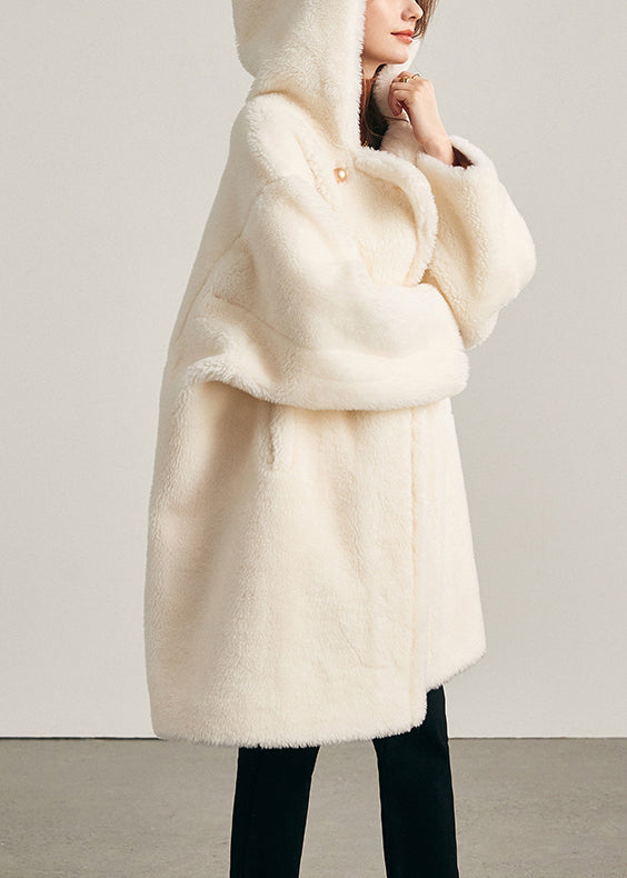 Loose White Hooded Pockets Woolen Coats Winter