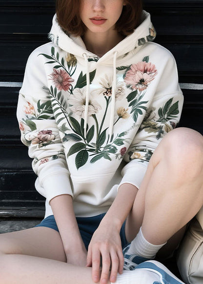 Loose White Hooded Print Cotton Sweatshirts Spring