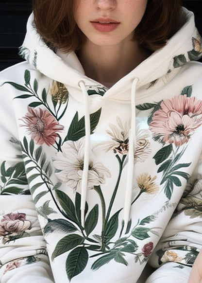 Loose White Hooded Print Cotton Sweatshirts Spring