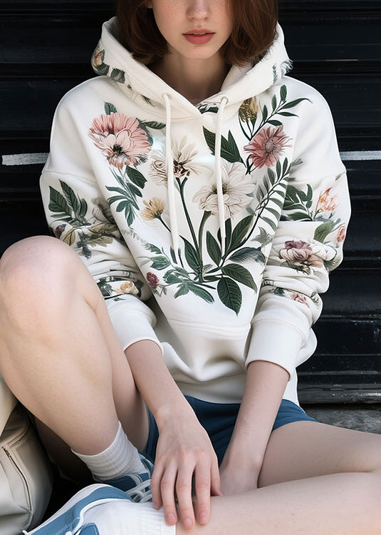 Loose White Hooded Print Cotton Sweatshirts Spring