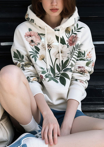 Loose White Hooded Print Cotton Sweatshirts Spring