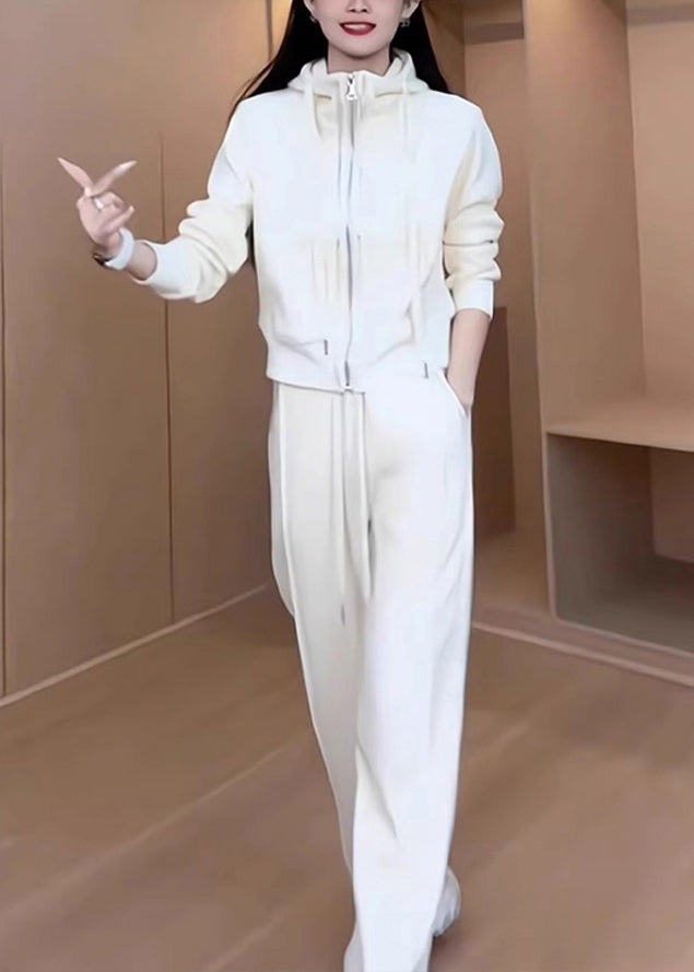 Conjunto de dos piezas de abrigo y pantalón holgados de algodón blanco con capucha y cremallera para primavera