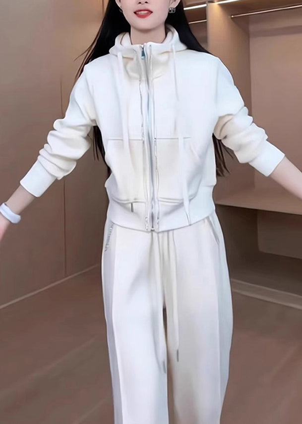 Conjunto de dos piezas de abrigo y pantalón holgados de algodón blanco con capucha y cremallera para primavera
