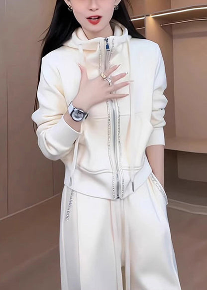 Conjunto de dos piezas de abrigo y pantalón holgados de algodón blanco con capucha y cremallera para primavera