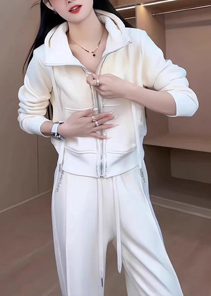 Conjunto de dos piezas de abrigo y pantalón holgados de algodón blanco con capucha y cremallera para primavera