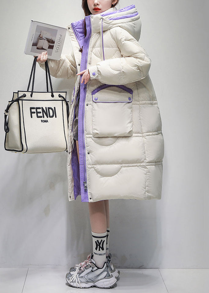 Abrigo acolchado de plumón de pato blanco holgado con capucha y bolsillos con cremallera para invierno