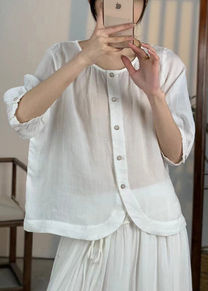 Loose White O Neck Button Linen Shirts Summer