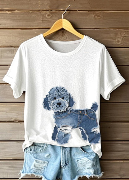 Camiseta holgada blanca de algodón con cuello redondo y estampado de perro para verano