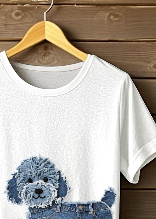 Camiseta holgada blanca de algodón con cuello redondo y estampado de perro para verano