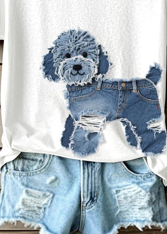 Camiseta holgada blanca de algodón con cuello redondo y estampado de perro para verano