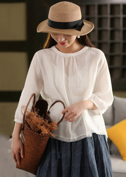 Loose White O Neck Lace Patchwork Linen Shirt Tops Summer