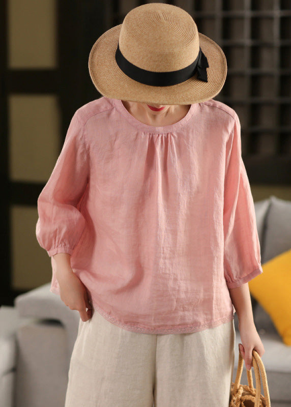 Loose White O Neck Lace Patchwork Linen Shirt Tops Summer