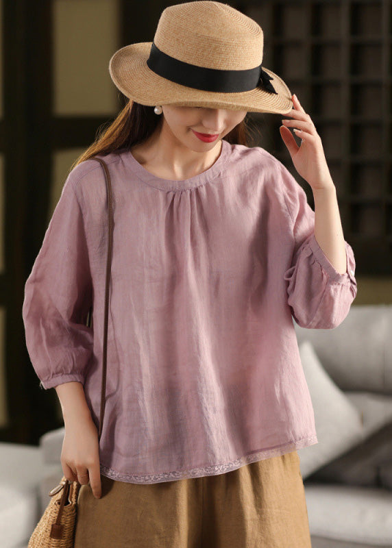 Loose White O Neck Lace Patchwork Linen Shirt Tops Summer