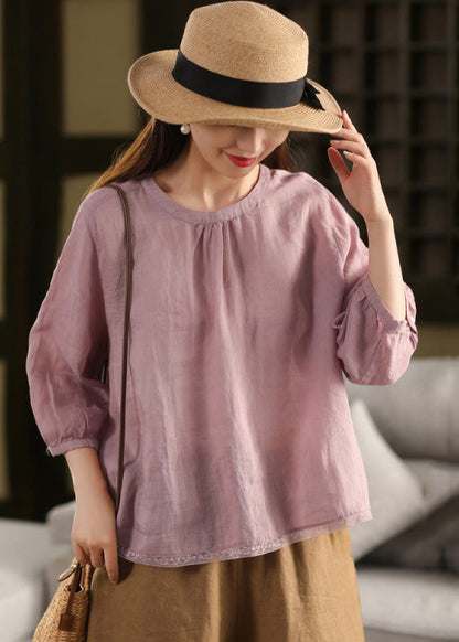 Loose White O Neck Lace Patchwork Linen Shirt Tops Summer