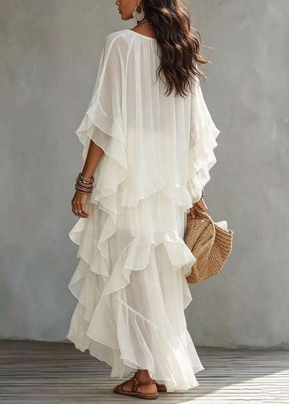 Loose White O-Neck Ruffled Asymmetrical Vacation Dress Summer