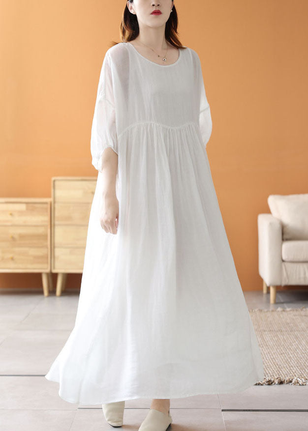 Vestidos largos de verano de lino con cuello redondo, arrugados y patchwork, color blanco y suelto