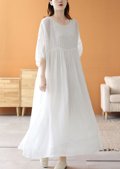 Vestidos largos de verano de lino con cuello redondo, arrugados y patchwork, color blanco y suelto