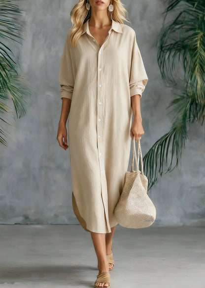 Loose White Peter Pan Collar Button Side Open Linen Shirts Dresses Spring