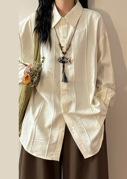 Loose White Peter Pan Collar Button Solid Cotton Shirts Spring