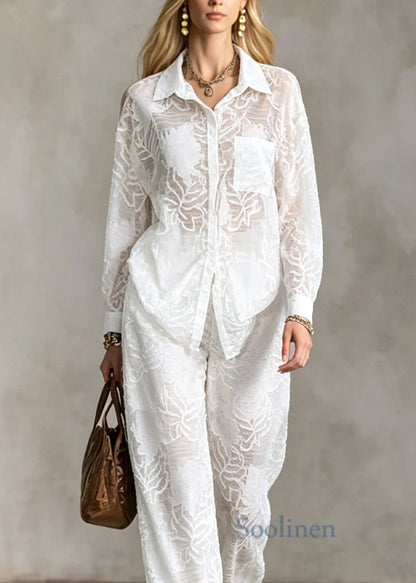 Loose White Peter Pan Collar Cotton Two Piece Set Outfits Long Sleeve