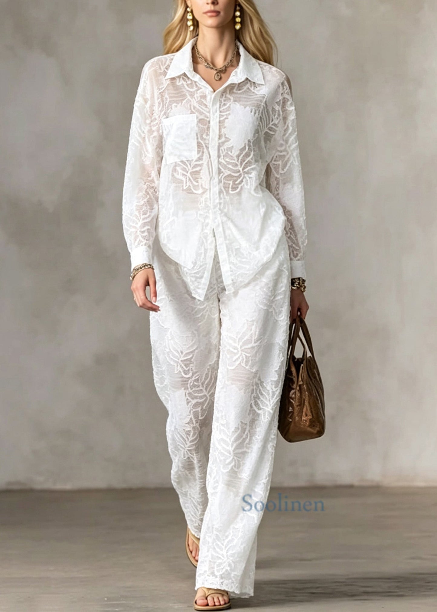 Loose White Peter Pan Collar Cotton Two Piece Set Outfits Long Sleeve