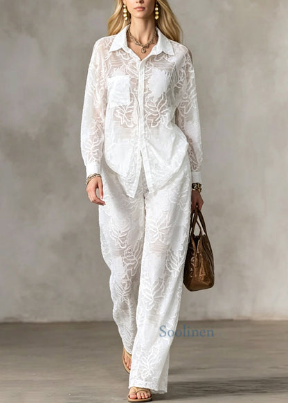 Loose White Peter Pan Collar Cotton Two Piece Set Outfits Long Sleeve
