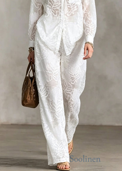 Loose White Peter Pan Collar Cotton Two Piece Set Outfits Long Sleeve