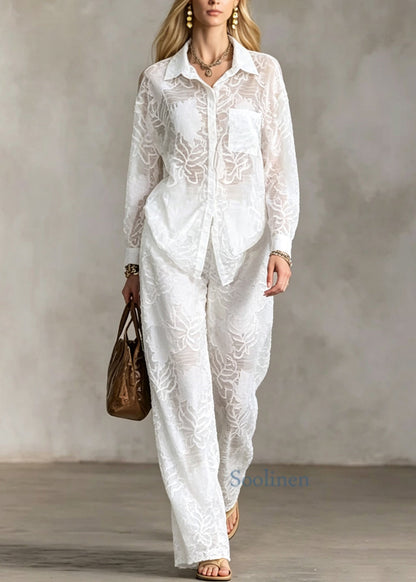 Loose White Peter Pan Collar Cotton Two Piece Set Outfits Long Sleeve