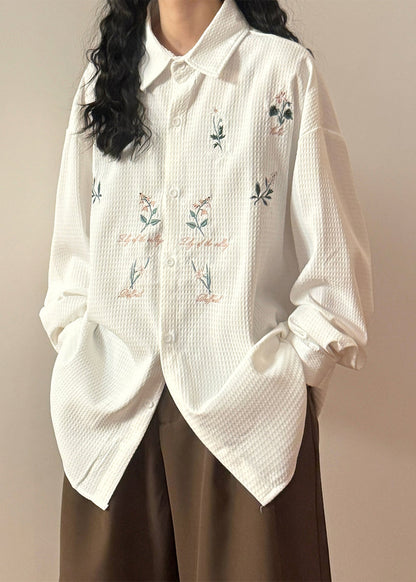 Loose White Peter Pan Collar Embroidered Button Cotton Shirts Spring