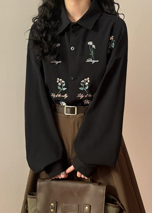 Loose White Peter Pan Collar Embroidered Button Cotton Shirts Spring