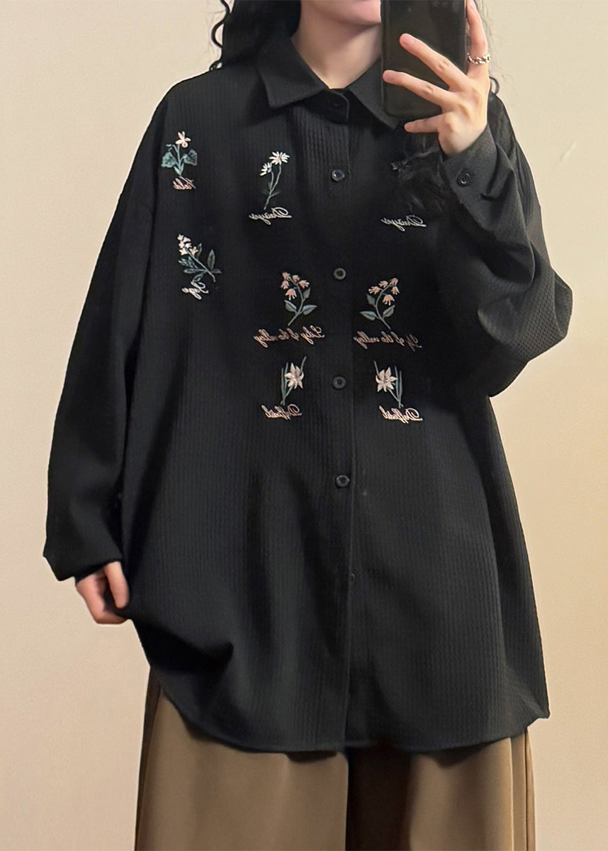 Loose White Peter Pan Collar Embroidered Button Cotton Shirts Spring