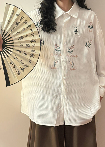 Loose White Peter Pan Collar Embroidered Button Cotton Shirts Spring