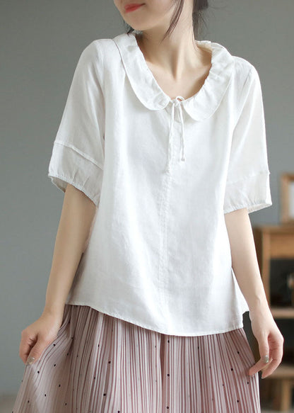 Camisetas holgadas blancas de algodón con cuello Peter Pan y patchwork para verano