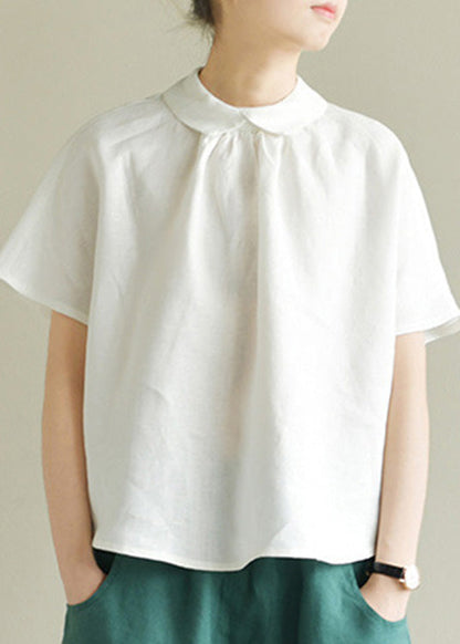 Lockeres weißes Peter-Pan-Kragen-Oberteil aus festem Leinen für den Sommer