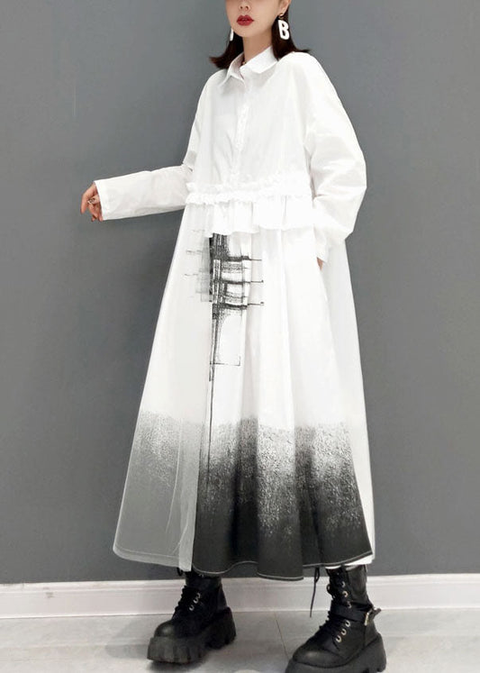 Lose weiße Peter Pan Kragen Druck Hemd Kleider Frühling