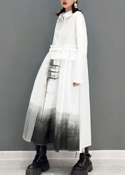 Lose weiße Peter Pan Kragen Druck Hemd Kleider Frühling