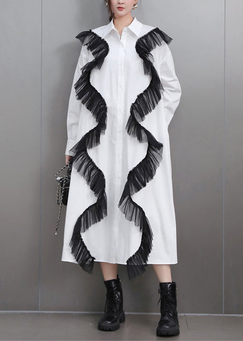 Loose White Pockets Tulle Patchwork Cotton Shirts Dress Fall