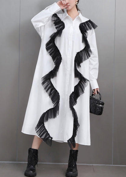 Loose White Pockets Tulle Patchwork Cotton Shirts Dress Fall