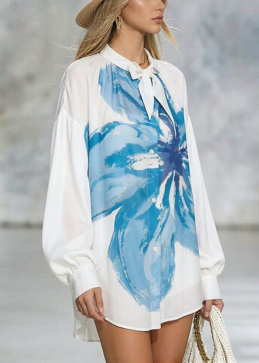 Loose White Print Low High Design Cotton Blouses Spring